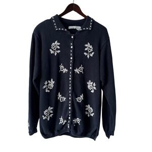Capacity Cardigan Womens Medium Blue Floral‎ Embellished Knit Grannycore Sweater